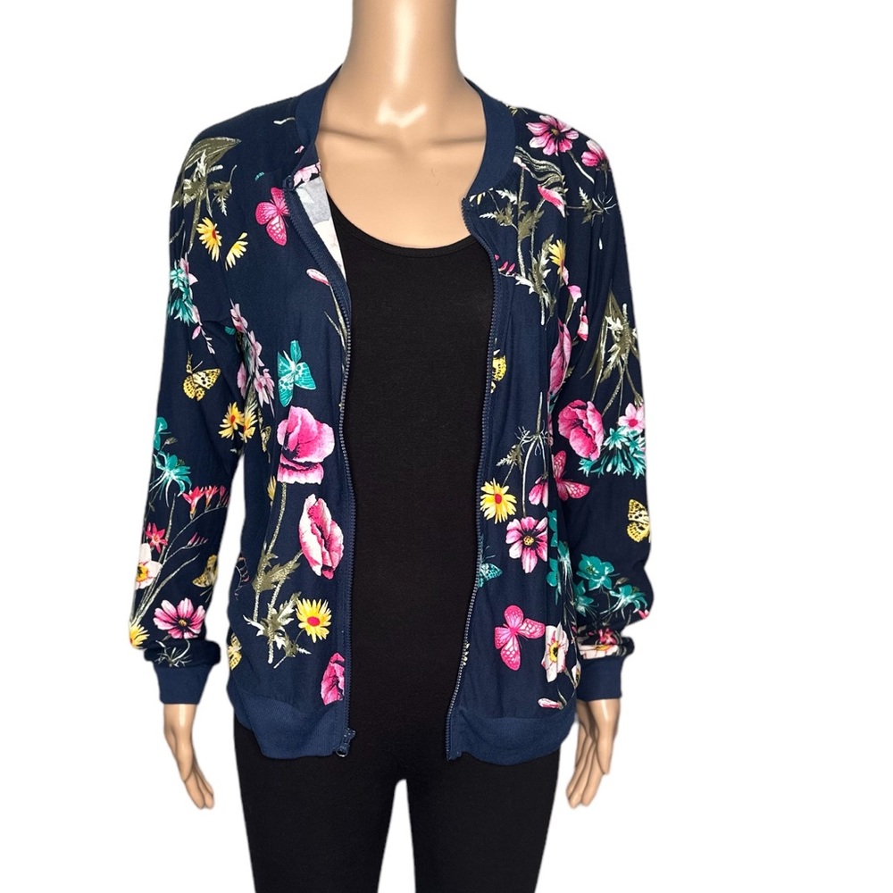 Wonder nation long sleeve navy floral print zipper front sweater top size XL